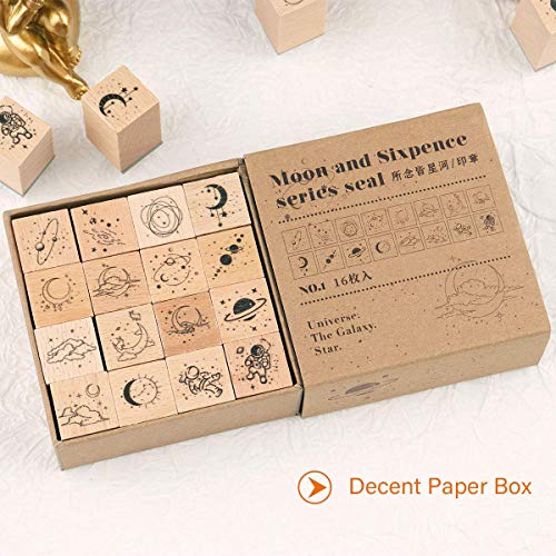 Risypisy 16 Pieces Vintage Wooden Rubber Stamps, Universe & Galaxy Scrapbooking Decorative Rubber Stamp Set, Wood Mounted Rubber Stamps For Arts And Crafts, Journals, Card Making #TOP6