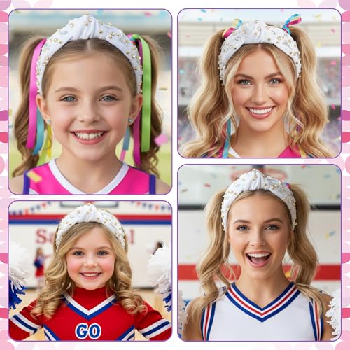 PANTIDE Cheerleader Jeweled Knotted Headband - Cheerleading Team Girls Megaphone Rhinestone Pearl Embellished Headband Non Slip Hairband Hair Accessories Party Birthday Gift for Women Girls (White)