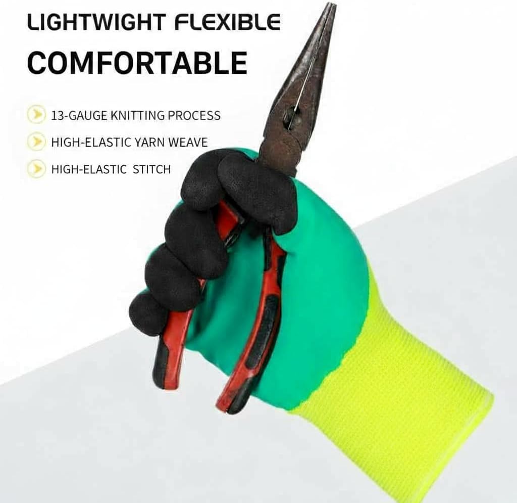 Safety Work Gloves, Green and Yellow, Latex Rubber Coated, Size 8, for Construction, Gardening, Warehouse, Assembly - Image 3