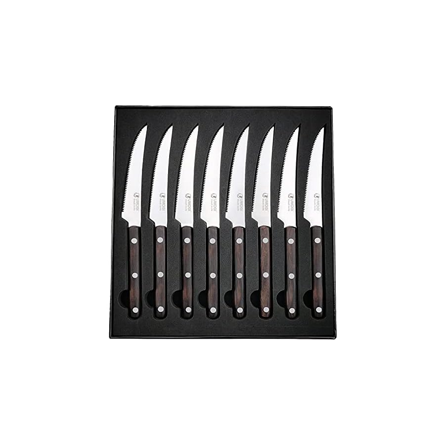 UMOGI Steak Knives Set of 8 Gift Box - Full Tang Wooden Handle High Carbon German Stainless Steel - Serrated Edge Non Straight - 4.5 Inch Dinner Knife, Elegant Kitchen Cutlery Set