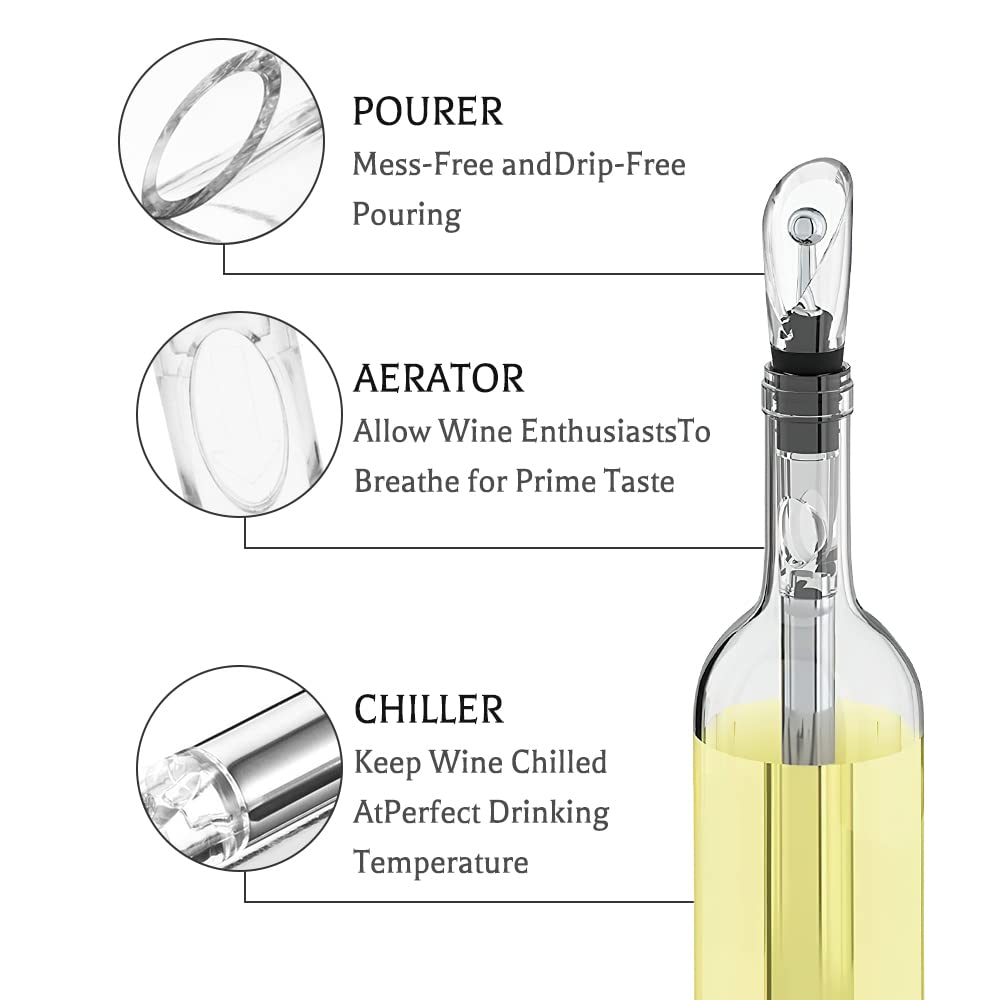 Rafraîchisseur De Vin 3 En 1 : Refroidisseur + Bouchon Vide-air + Verseur Anti-goutte - En Acier Inoxydable Et Acrylique - Garde Le Vin Frais 2 Heures - Cadeau Idéal Pour Amateurs De Vin - 2