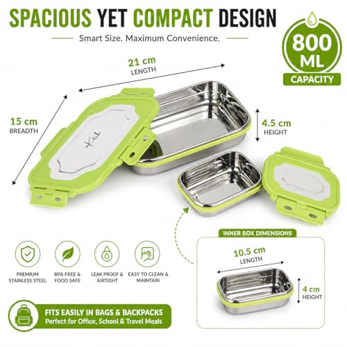 Image of Insulated Stainless Steel Lunch Box Combo Set 800ml with Airtight Leak-Proof Clip Lock Lid, Durable (Green Tiffin with Bottle)