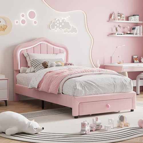 Image of GarveeLife Upholstered Platform Bed Frame with Storage Drawers, Smart RGB LED Crown Headboard, Wooden Slat Support, No Box Spring Needed, Noise-Free, Easy Assembly for Kids, Twin Pink