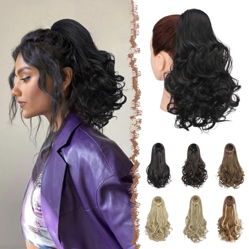 FESHFEN Queue de Cheval Extension avec Cordon, 38 cm Extensions de Cheveux Ondulées Synthétiques Postiche Bouclés pour Femmes, Noir
