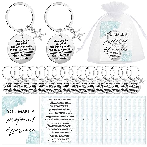 Huquary 24 juegos de regalos de agradecimiento para empleados, 24 llaveros inspiradores de estrellas de mar, 24 tarjetas de marcas, 24 tarjetas de diferencia, 24 bolsas de organza blancas para el