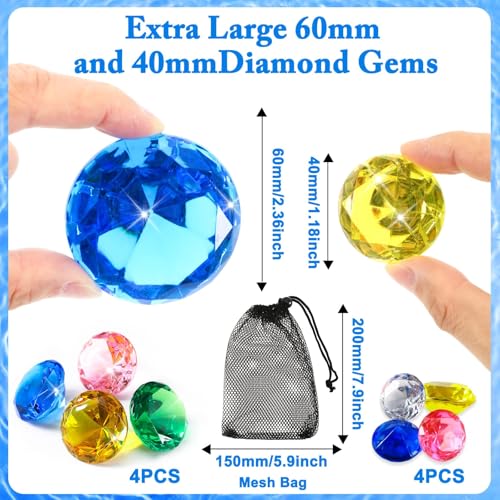 Image of MARFOREVER 8 Pcs Extra Big Diving Gems Pool Toys Pirate Treasure for Kids | 4 x 60mm Oversized Diamonds and 4 x 40mm Acrylic Diamond, Dive Gems, Summer Swimming Training Gift Pool Underwater Games Toy