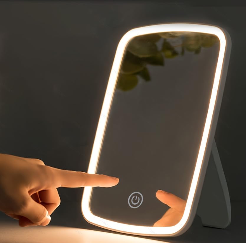 Espejo de maquillaje portátil con luces y pantalla táctil