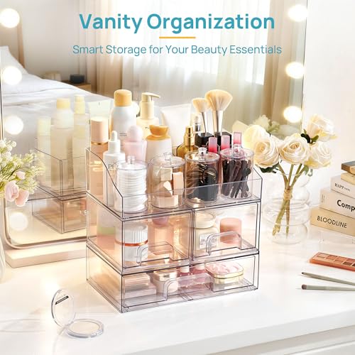 Image of Vtopmart 8 PCS Bathroom Countertop Organizer, 1 Divided Tray with 4 Qtip Holder Jars and 3 Drawers, Restroom Clear Organizers for Toothbrush, Cotton Pads, Vanity Accessories Storage Set