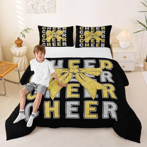 Image of Feelyou Cheer Bow Bedding Set Soft for Boys Girls, Glitter Cheerleader Comforter Set Twin Size Cheerleading Duvet Quilt Microfiber Sport Bedroom Decor 2 Pcs with 1 Pillow Cases