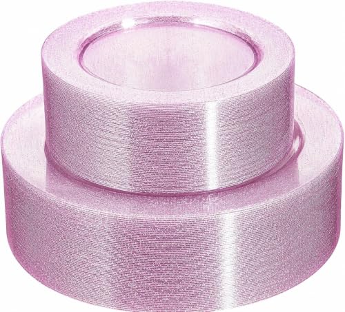Image of WDF 120pcs Pink Plastic Plates Disposable - Clear Pink Glitter Plates including 60PCS Dinner Plates 10.25inch and 60PCS Salad Plates 7.5inch for Wedding /Baby Shower /Spring /Birthday