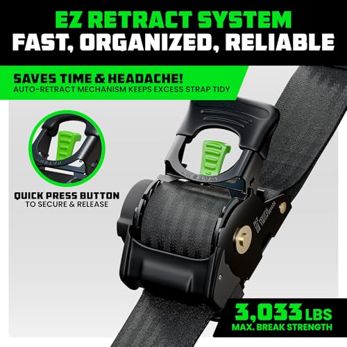 rhino usa retractable ratchet straps 2-pack - 2 inch x 10 feet 3033lb break strength - heavy duty auto self retracting tie down straps for truck cargo trailer motorcycle rad amp more - black