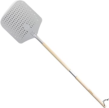 Chef Pomodoro Perforated Pizza Peel Aluminum, 12 x 14-Inch, with Detachable Wood 49-Inch Long Extendable Handle for Easy Storage, Gourmet Luxury Pizza Paddle for Baking Homemade Pizza Bread