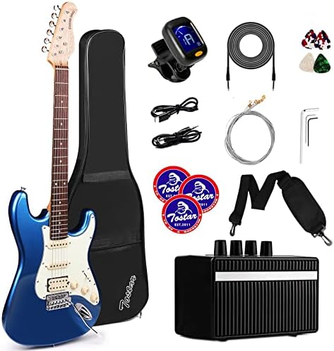 TOSTAR Electric Guitar Kit, 39 Inch Solid Right Hand Guitar Electric for Beginners with Amp + Straps + 4*Guitar Picks + 6*String Set + Tuner + Cable + Electric Guitar Bag (Lake Placid Blue)