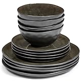 Serax - Vajilla (12 piezas), color gris puro | 4 platos talla M, 4 platos talla S, 4 cuencos talla L | Servicio de cerámica Pascale Naessens | Vajilla sobria y atemporal