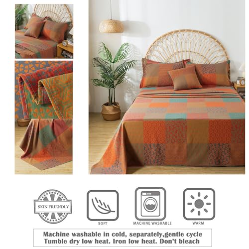 Image of FADFAY Grid Sheets Set King Vintage Checkered Floral Bedding Shabby Geometry Farmhouse Bedding Super Soft Washed Double -Layer Muslin Sheets 100% Cotton Deep Pocket Fitted Sheet 4Pcs, King Size