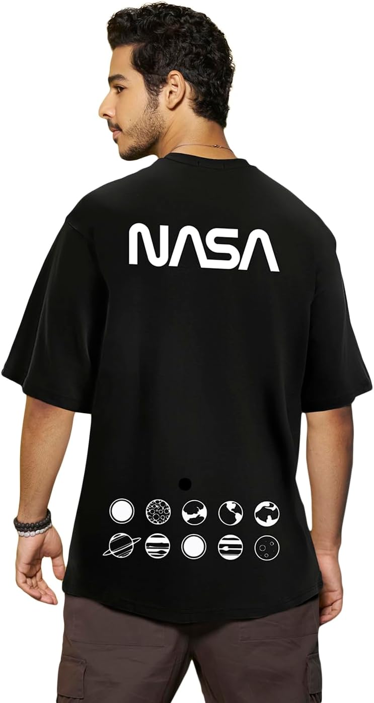 BewakoofOfficial NASA Merchandise Men's 100% Cotton 220 GSM Graphic Print Oversized Fit Round Neck T-Shirt