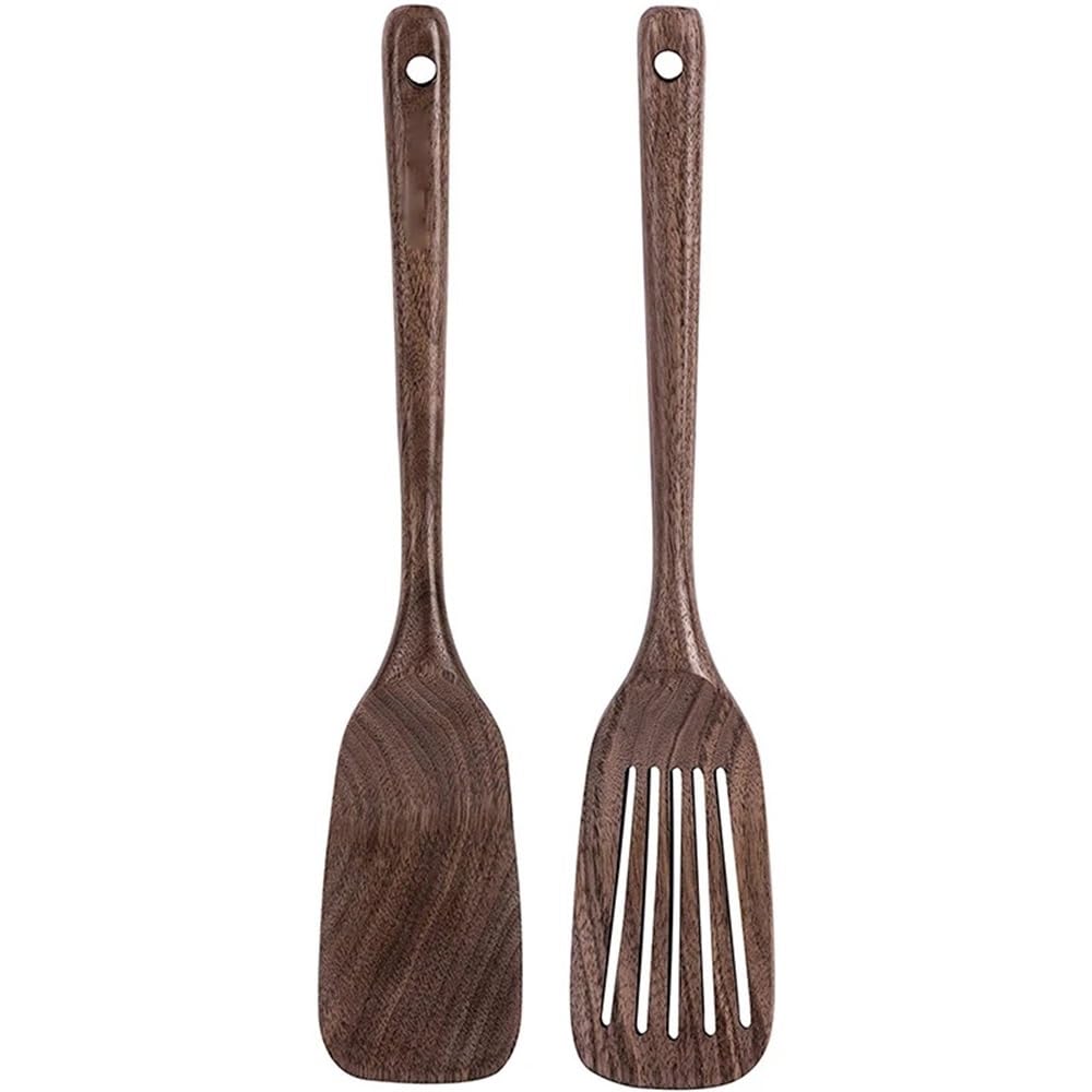 Espátula de Madera y espátula ranurada for cocinar, Mango Largo de Nogal Negro y ranurada for Utensilios de Cocina antiadherentes.