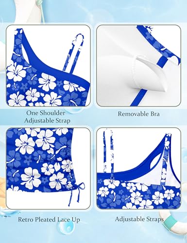 Image of AGAPENG Girls Swimsuit Two Piece One Shoulder Tankini Floral Print Drawstring Swimwear Set 7-14Y