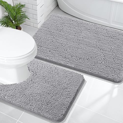 Image of OLANLY Bathroom Rugs Sets 2 Piece, Soft Absorbent Chenille Bath Mats and U-Shaped Contour Toilet Rug, Non-Slip, Machine Washable Bath Carpet, Home Decor Accessories(36 inchx24 inch+24 inchx20 inch, Grey)
