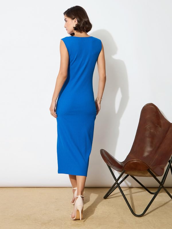 Image of barcino Black Rib Square Neck Sleeveless Midi Dress