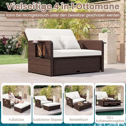 COSTWAY Sofa do salonu z rattanu, meble do salonu na zewnątrz, sofa ogrodowa z funkcją leżania, 2-osobowa salonowa sofa ogrodowa z poduszkami i bocznymi stolikami, meble ogrodowe z polirattanu, meble