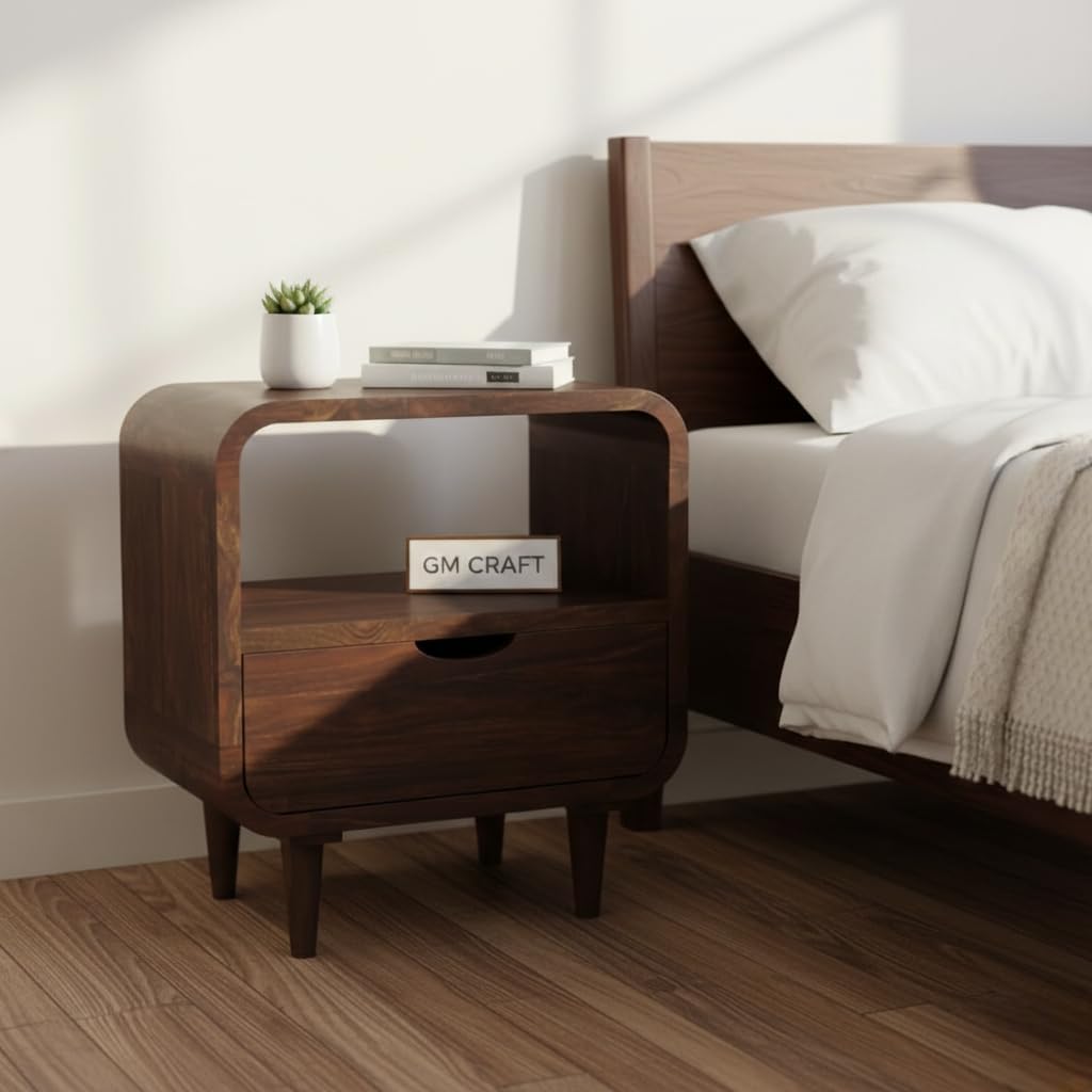 Sheesham Wood Bedside Table for Bedroom with Drawer & Open Shelves Storage - Wooden Bedside Table with Drawer Storage Nightstand End Table for Living Room Sofa Side Table (Design 22)-picture-16