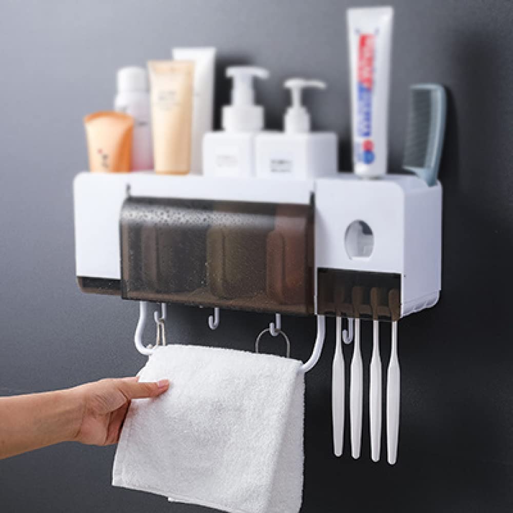 Exprimidor AutomáTico De Pasta De Dientes, Soporte Multifuncional para ArtíCulos De BañO, Soporte De Pared para Cepillo De Dientes con Ventosa para Toallero De Barra