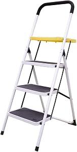 Stanz (TM) 3 Large Steps Steel Ladder with Tool Tray and Hand Grip, Three Steps Ladder 300 Pound Capacity