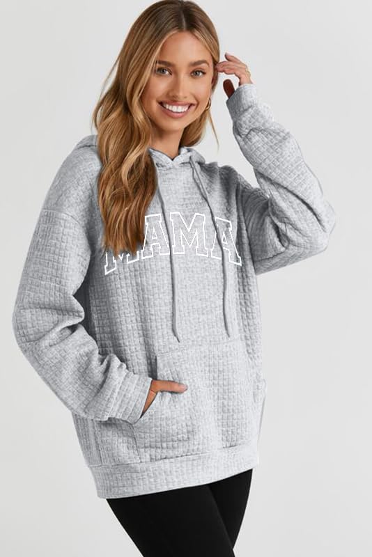 VILOVE Mama Sweatshirt Women Funny Mama Letter Print Waffle Knitted Hoodies Casual Long Sleeve Pullover Hooded Tops - Image 4
