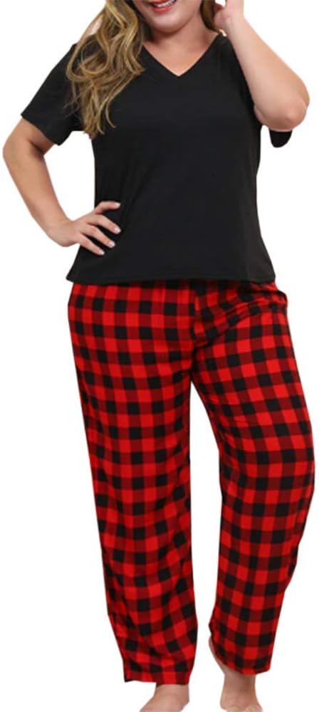 Women Plus Size Pajamas Set Plaid Lounge Pants V-Neck Short Sleeve Cotton T Shirt 2 Piece Sleepwear - Image 7