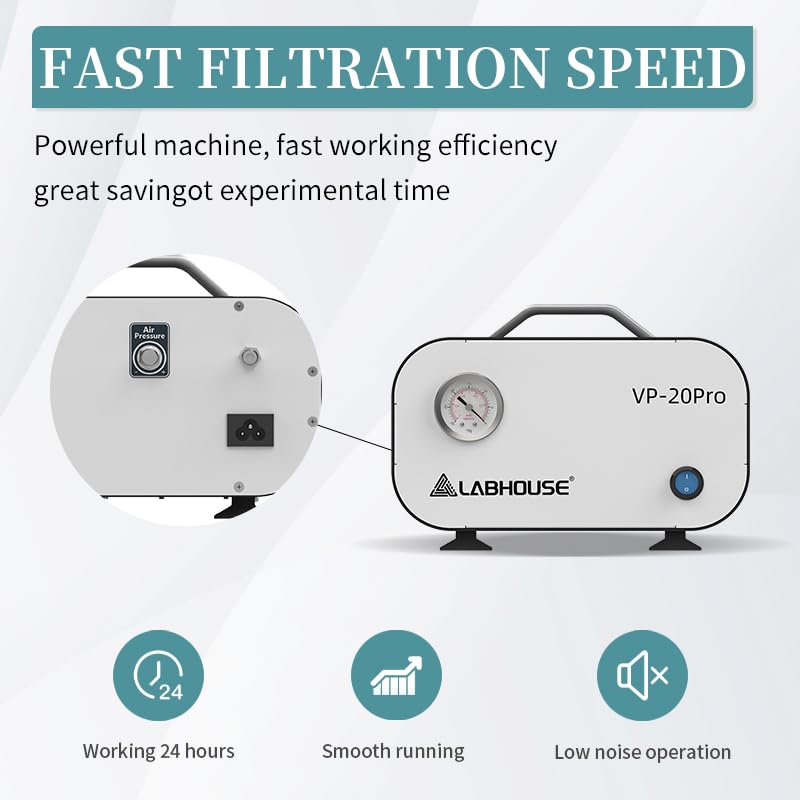 Lab Vacuum Filtration Pump VP-20PRO Negative Pressure Adjustable Diaphragm Oil Free 20L/min W/Rubber Tube for Laboratory