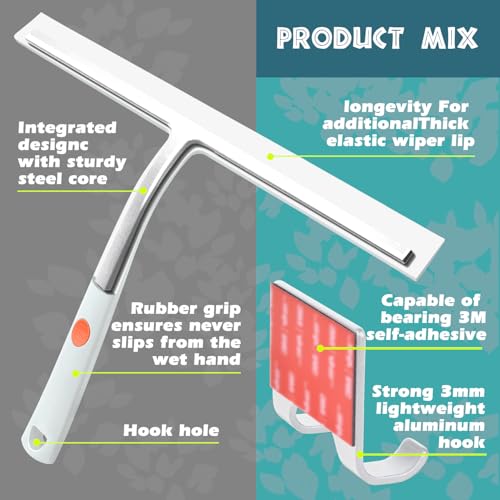 Image of Squeegee for Shower Door 14 Inch Wide Blade, 11 Inch Short Handle One-Piece Silicone with Stainless Steel Core, Non-Slip Grip Window Squeegee for Bathroom Mirror Car Windshield, Aluminum Hook (White)