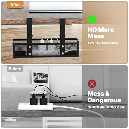 Image of Livzing Adjustable Under Desk Cable Organizer Rack - Metal Mesh Clamp-On Cable Organizer & Power Strip Holder for Home Office, Computer Desks - Office Cable & Wire Organizer Tray (Black, 35 cm)