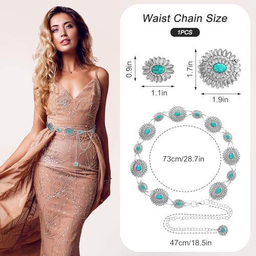 Prasacco Turquoise Belt for Women Western Belt Metal Concho Belts Western Chain Cowgirl Belts for Dresses Jeans Country Concert Outfit2