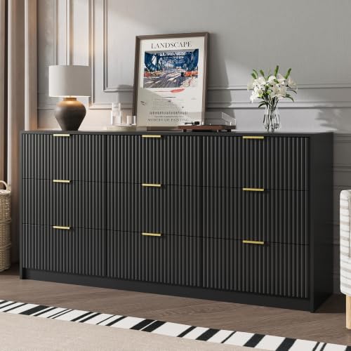 Image of MAISONARIA 63 inch Wide Fluted 9-Drawer Dresser for Bedroom, Black