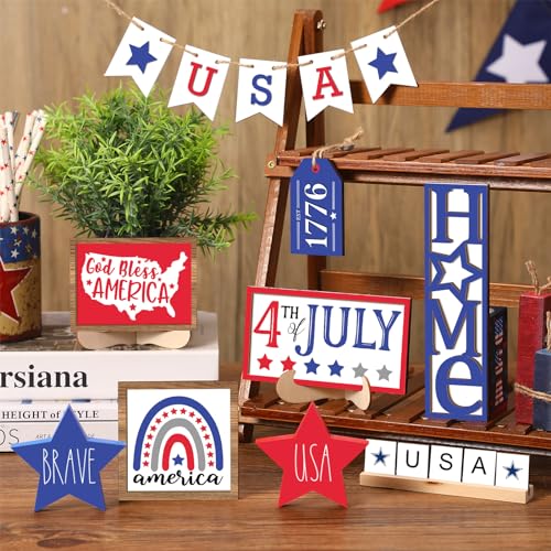 Image of FairySandy 13 Pieces 4th of July Tiered Tray Decor Autumn Patriotic Table Decor Wood Signs Independence Day Red White Blue American Decorations for Memorial Day 250th Anniversary Party Farmhouse Home