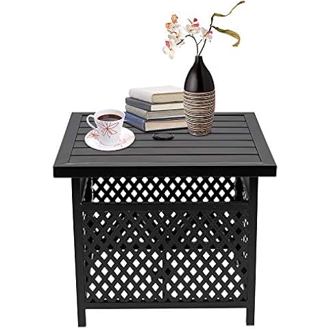 SOLAURA Patio Side Table with 1.57" Umbrella Hole, Square Outdoor Patio Bistro Table with Outdoor Iron Umbrella Base Stand- Black Cover