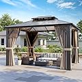 AirWire 10'x12' Hardtop Gazebo, Outdoor Polycarbonate Roof Canopy, Aluminum Frame Permanent Pavilion with Curtains and Netting, Sunshade for Garden, Patio, Lawns