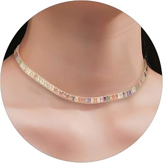Rainbow Necklace for Women Rhinestone Choker Necklaces Tennis Necklace Cubic Zirconia Necklace Multicolor Gems Necklace Baguette Rainbow Necklace Jewlery Gifts for Girls(Multicolor)