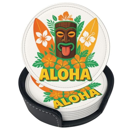 6 Pcs Leather Coasters for Drinks with Holder Hawaii Aloha Tiki Coaster Sets Drink Table Cup Coasters for Kitchen Coffee Decor