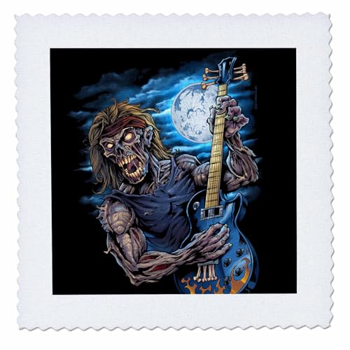 10x10 inch Quilt Square - Zombie Rocking Out with Guitar Under Full Moon Zombie, Rocker, Character, Illustration