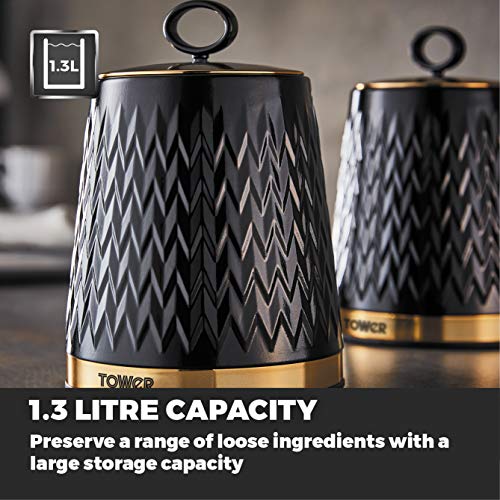 Tower T826091BLK Empire Set of 3 Storage Canisters for Tea Coffee Sugar, 1.3L, Black and Brass - Image 6