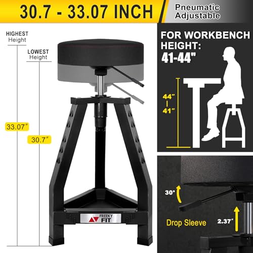 Image of Adjustable Tall Shop Stool, Mechanic Garage Bar Stool Chair, Work Metal Chair for Workshop,360 Swivel Padded Seat, Tool Tray Storage, 350 LBS Capacity, Heavy Duty, Black