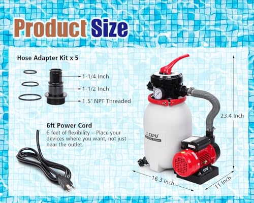 Image of CIPU 10-inch Sand Filter Pump System Handy 4-Way Valve for Above Ground Pools with 0.25HP Pool Pump 115V 6-Foot Cord to Easy Installation