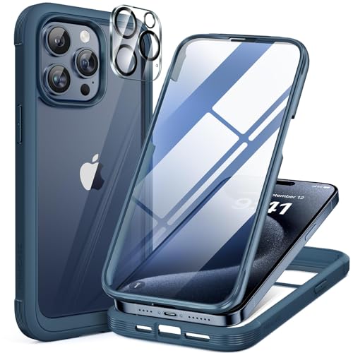Image of Miracase Glass Series for iPhone 15 Pro Max Case 6.7 Inch, Full-Body Drop Proof Phone Case for iPhone 15 Pro Max with Built-in 9H Tempered Glass Screen Protector + Camera Protector, Storm Blue