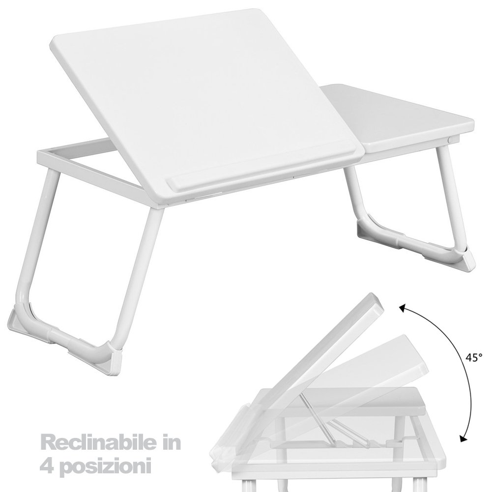 BAKAJI Tavolino Vassoio da Letto Divano per Notebook PC Laptop Pieghevole Leggio 65x30cm, Tavolino Colazione da Letto (Bianco White)