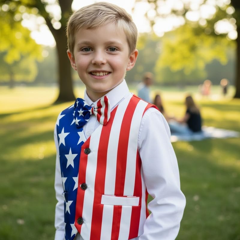 Boys' American Flag Vest 3 Button Design with Straight Pocket Bow Tie for Parties Special Occasions
