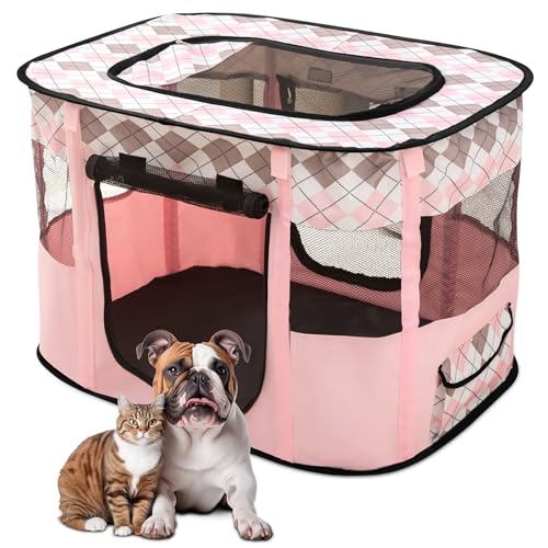 ALLSOPETS Recinto per Cani da Interno Pieghevole, Anche per Esterno, Box Traspirante Portatile per Gatti Conigli Cuccioli con Borsa da Trasporto, per Viaggi e Campeggio (Quadri Rosa, XL)