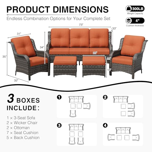 Image of Joyside 5 Piece Wicker Patio Furniture Set, Rattan Patio Chairs with High Back, Deep Seating, Wide Armrest, Thickened Cushions, Outdoor Furniture for Deck, Porch Use
