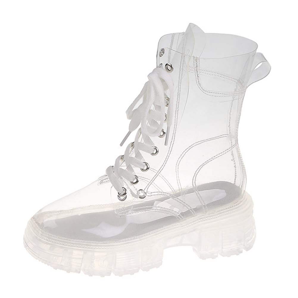 Kluolandi Womens Transparent Boots Lace Up Platform Combat Ankle Boots Waterproof Clear Booties Shoes